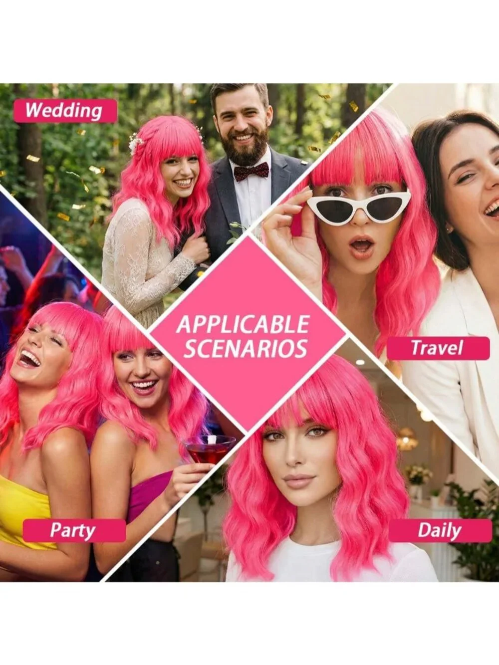 Women's Hot Pink 14 Inch Short Shoulder Length Synthetic Bangs Wavy Bob Wig
